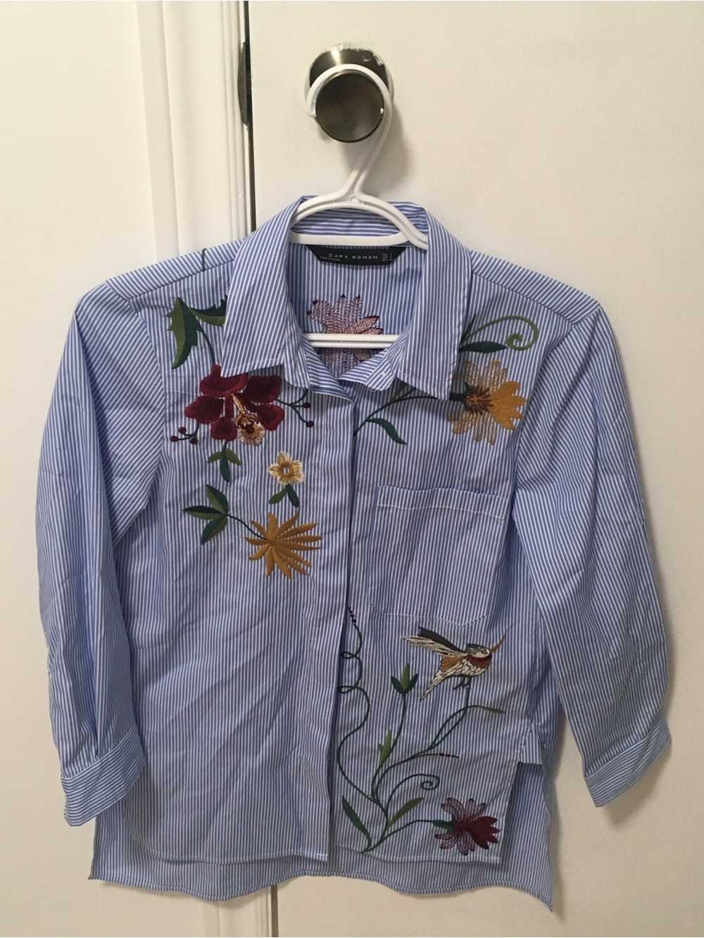 Preowned Zara Floral Embroidered Women's Small Blouse Striped Shirt Blue Bird